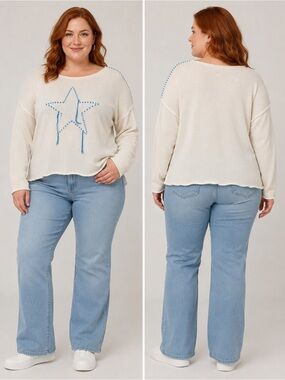 Wild Fable Cream Sweatshirt Blue Star Design Pullover Wide Crew Neck Size 1X